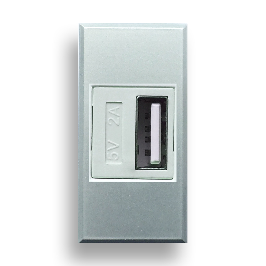 Chargeur de batterie USB. Connecteur USB-A. Couleur argent brillant.
