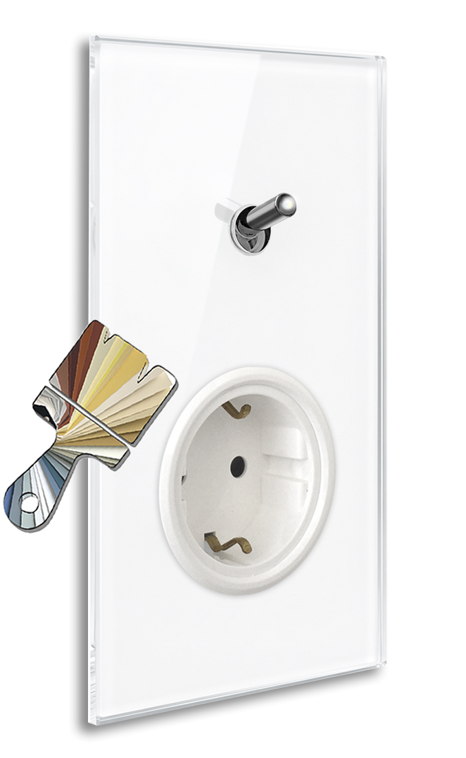 Combo interruttore-presa illuminato effetto vetro colore Farrow & Ball con 1 leva basculante cromo. YORK