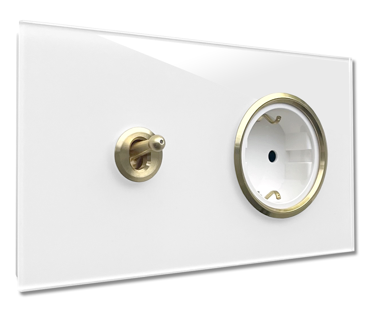 1 lichtschakelaar met 1 horizontaal stopcontact Glasoptiek Wit-Goud CAMBRIDGE