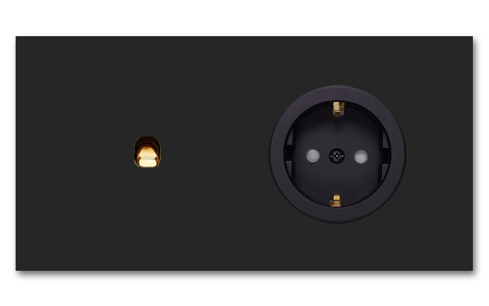 Toggle switch metal matte black gold 1 gang + 1 socket horizontal 2 way. Square Series