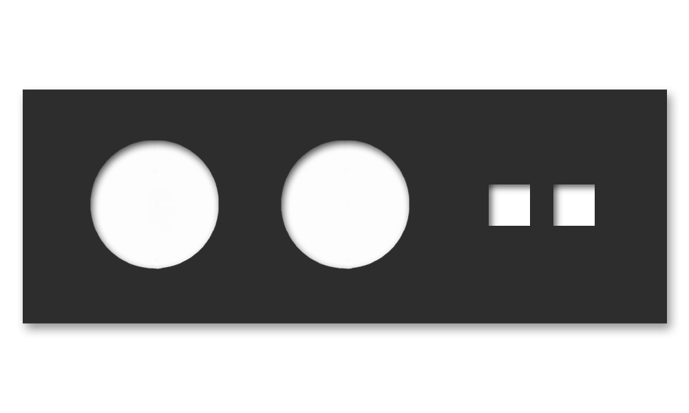 Black metal frame with 2 socket cutouts, 2 accessory cutouts and keystone holder. Square series