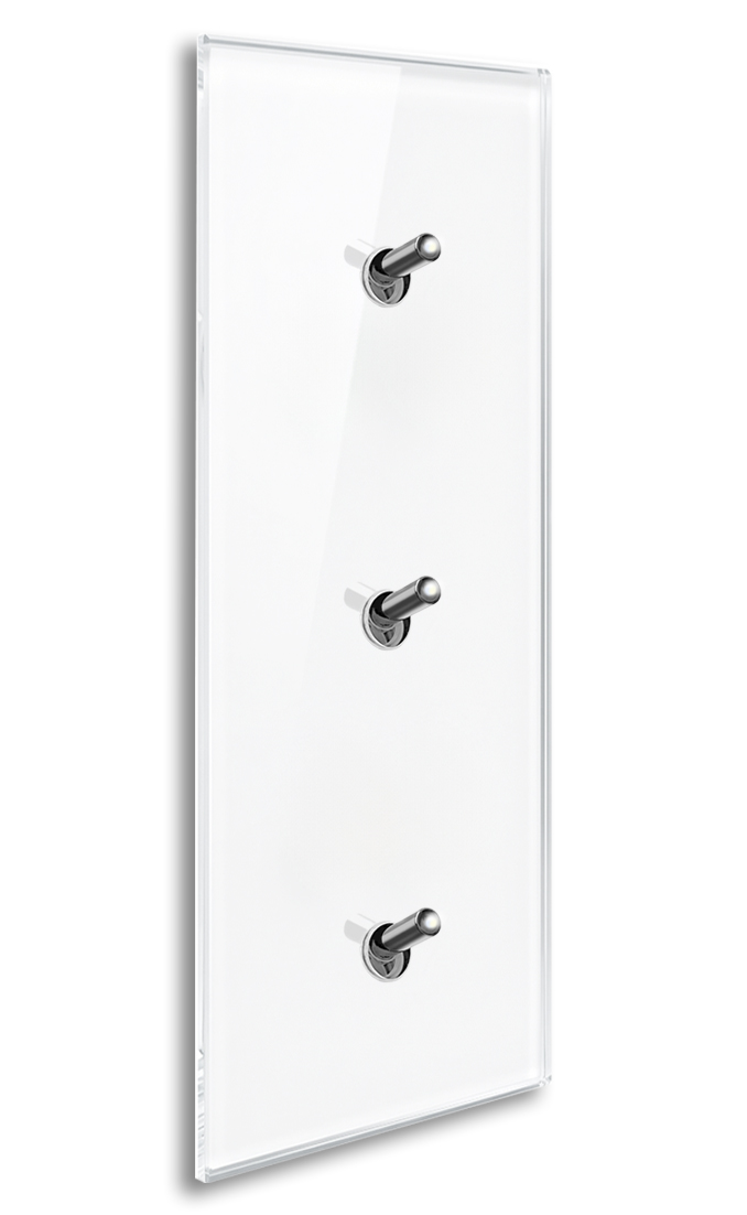 Moderni valaistu design-valokatkaisin valkoinen lasioptiikka 3 kromi keinuvipua. YORK