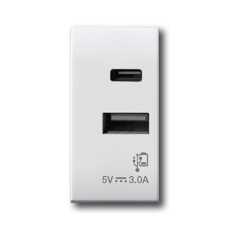 Chargeur de batterie USB. Connexion USB-A et USB-C. Blanc brillant.