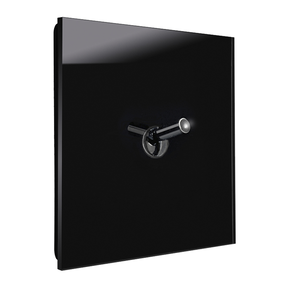 Modern illuminated design light switch in black glass optic with 1 chrome toggle lever. YORK