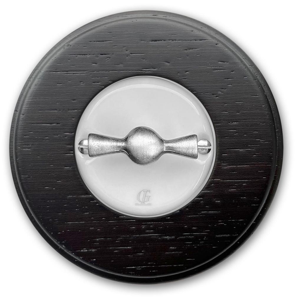 Interrupteur rotatif rétro marche/arrêt Inverseur porcelaine wengé bois chrome. Certifié VDE