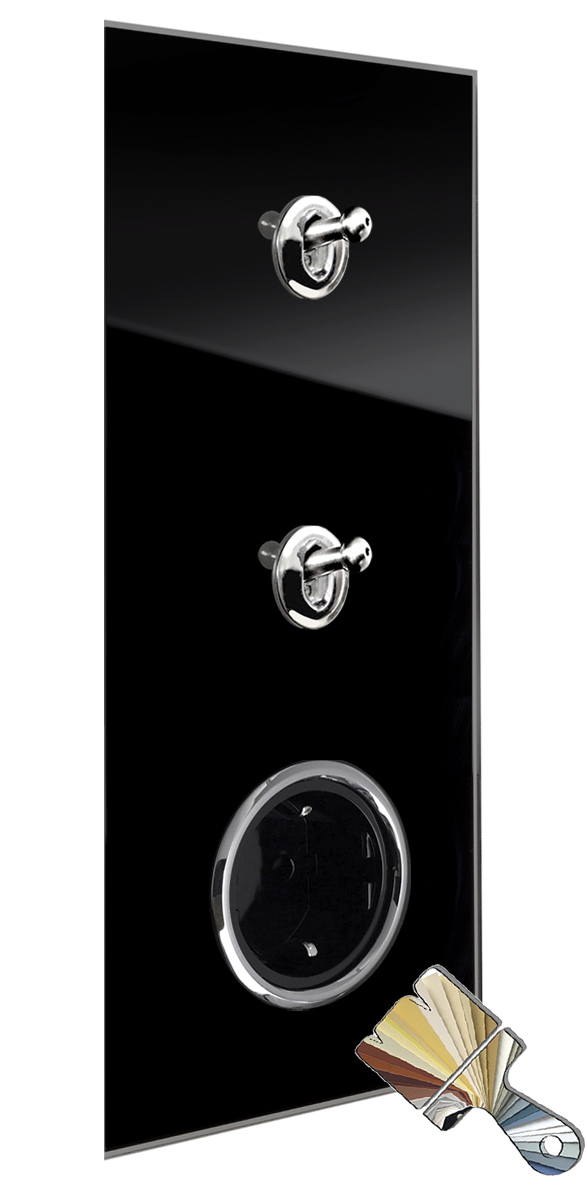 2 chrome toggle levers, black socket. Farrow Ball glass look 2 chrome toggle levers, black socket. Farrow Ball glass look