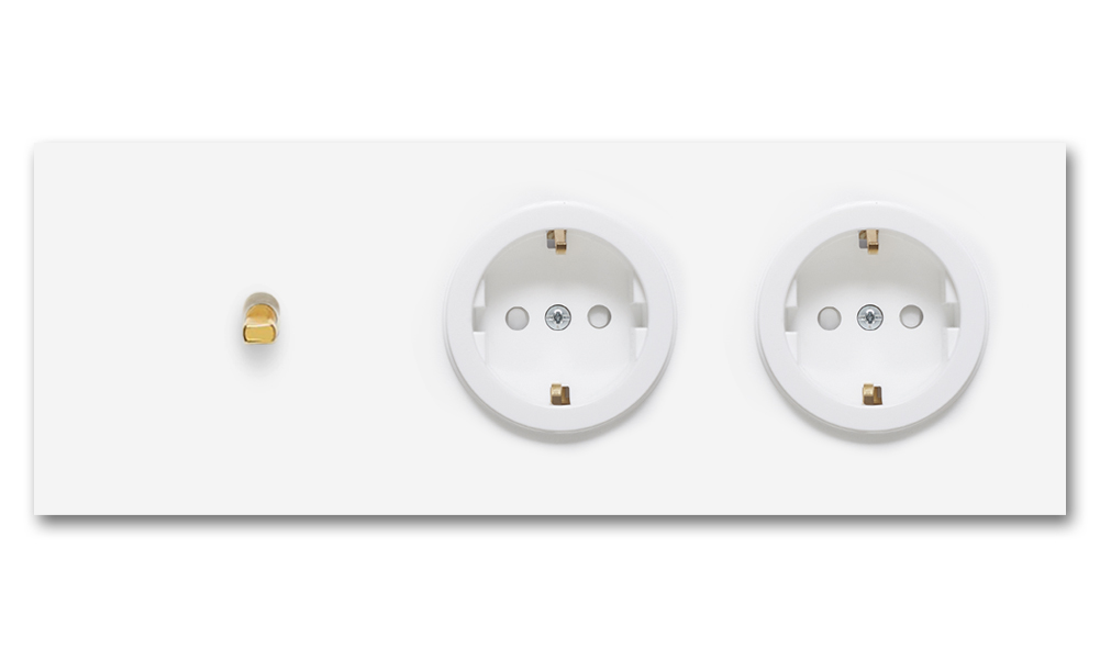 Toggle switch metal matte white 1 gang + 2 Sockets 2 way horizontal. Square Series