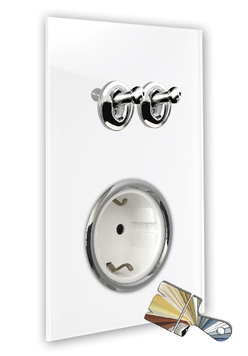 2 chrome toggle switches, 1 white socket. Glass look Farrow Ball colour 2 chrome toggle switches, 1 white socket. Glass look Farrow Ball colour