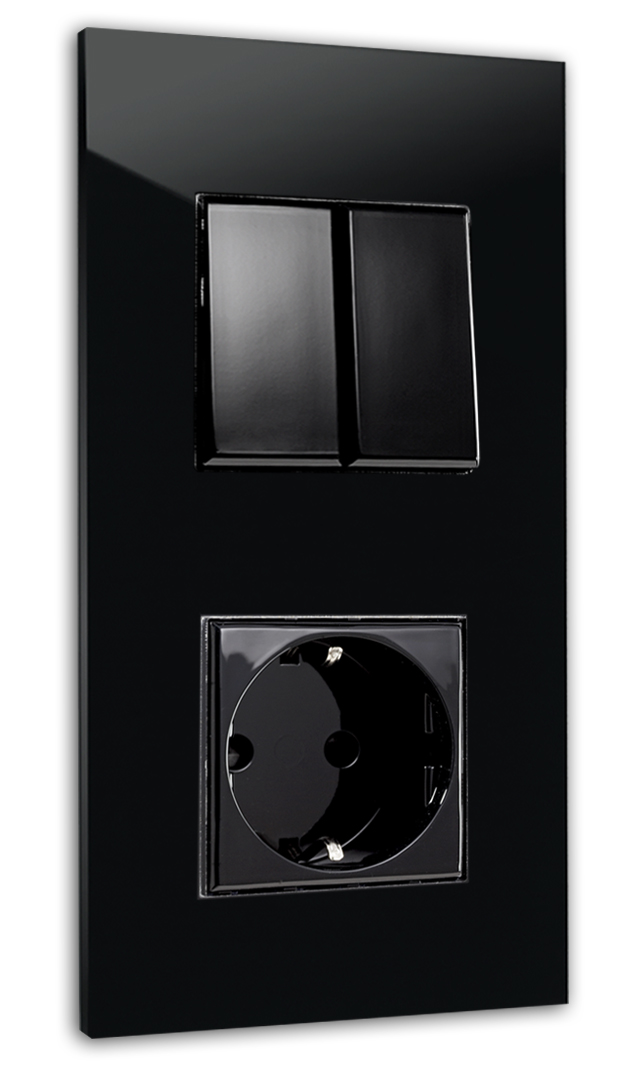 Combinatie 2 schakelaars + 1 stopcontact. Glazen look, zwart. Voor 2 stopcontacten. MAXIM