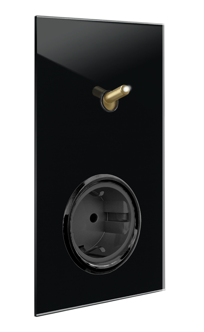 Modern illuminated switch-socket combo with 1 brass toggle lever in black glass optic. YORK