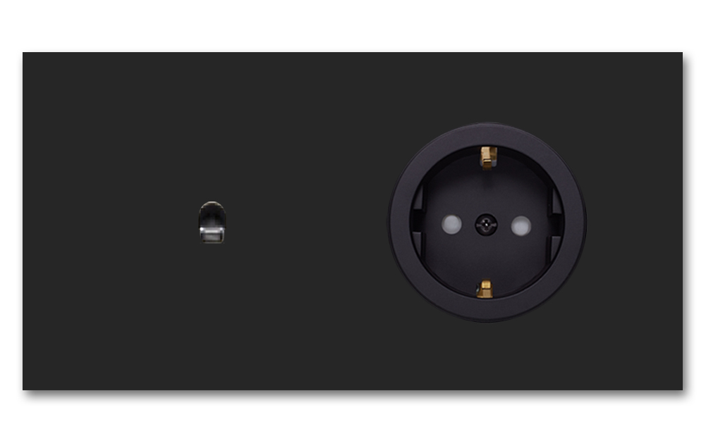 Toggle switch metal matte black 1 gang + 1 socket horizontal 2 way. Square Series