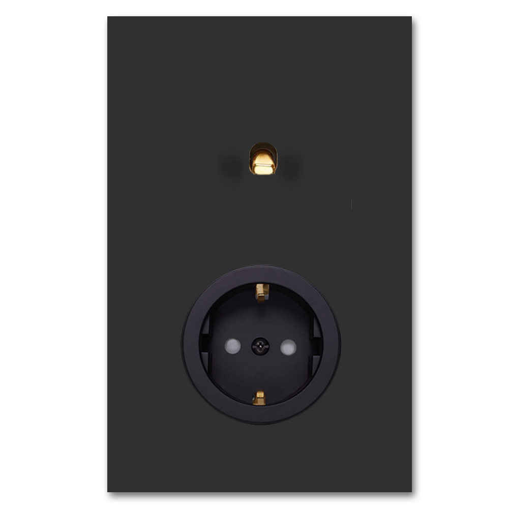 Toggle switch metal matte black gold 1 gang + 1 socket 2 way. Square Series