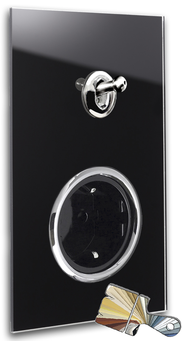 1 chrome toggle switch, 1 black socket. Farrow Ball. Glass look. 1 chrome toggle switch, 1 black socket. Farrow Ball. Glass look.