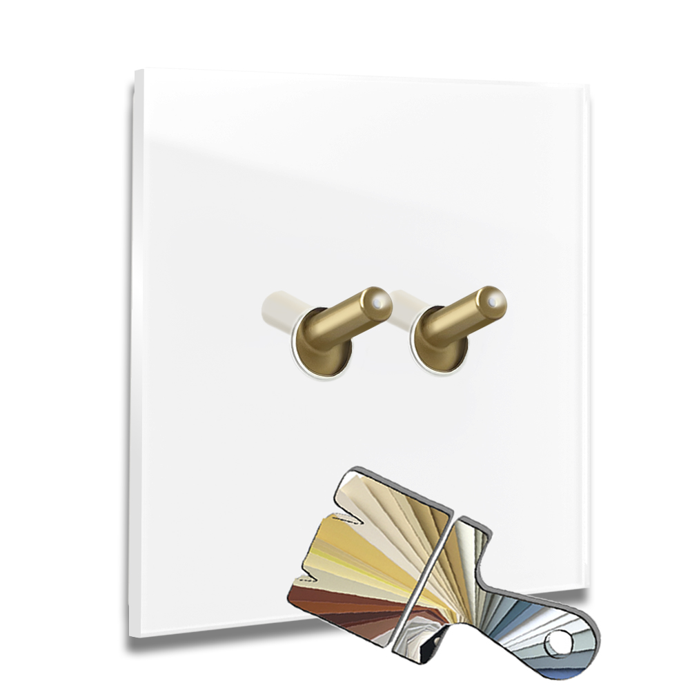ROHDE+ROHDE YORK illuminated light switch, 2 brass toggles, glass-effect, vertical. Made with Farrow Ball colour.