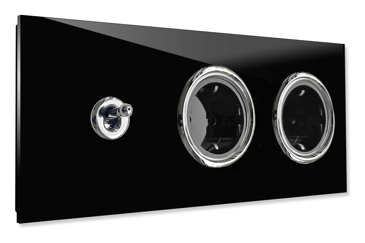 1 lichtschakelaar met 2 stopcontacten horizontaal, glas-look zwart-zilver CAMBRIDGE