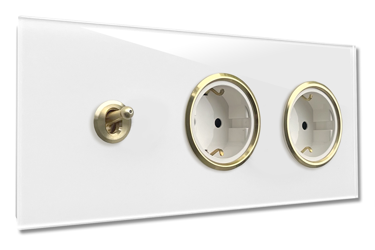 1 interruttore con 2 prese orizzontali, finitura in vetro bianco-oro CAMBRIDGE 1 interruttore con 2 prese orizzontali, finitura in vetro bianco-oro CAMBRIDGE