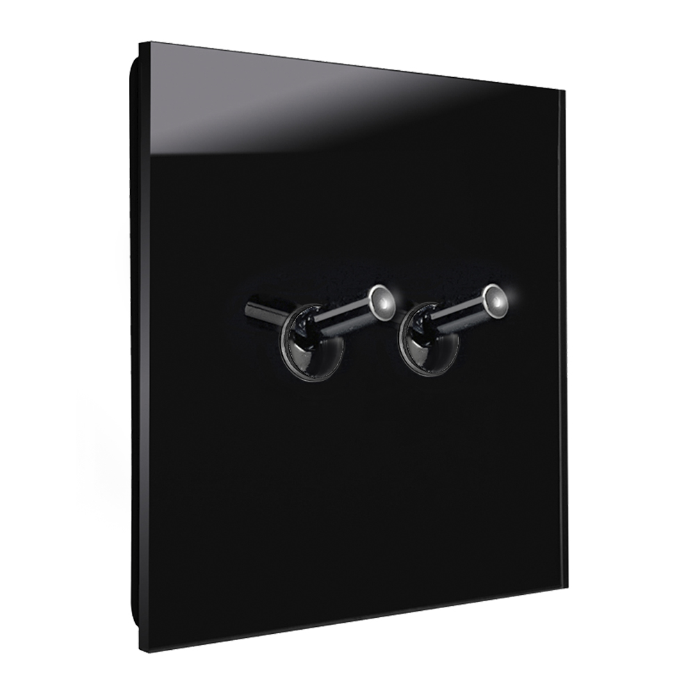 Modern illuminated design light switch in black glass optic with 2 chrome toggle levers. YORK