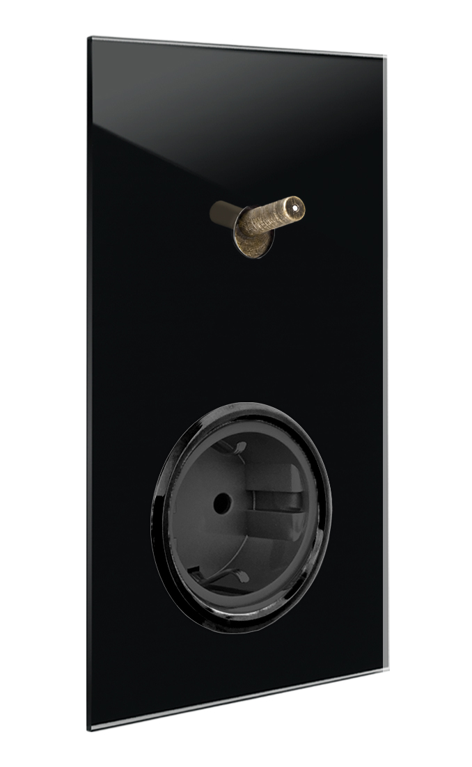 Schakelaar-stopcontactcombinatie, zwart. 1 bronzen tuimelschakelaar, 1 stopcontact. Glaslook, YORK.