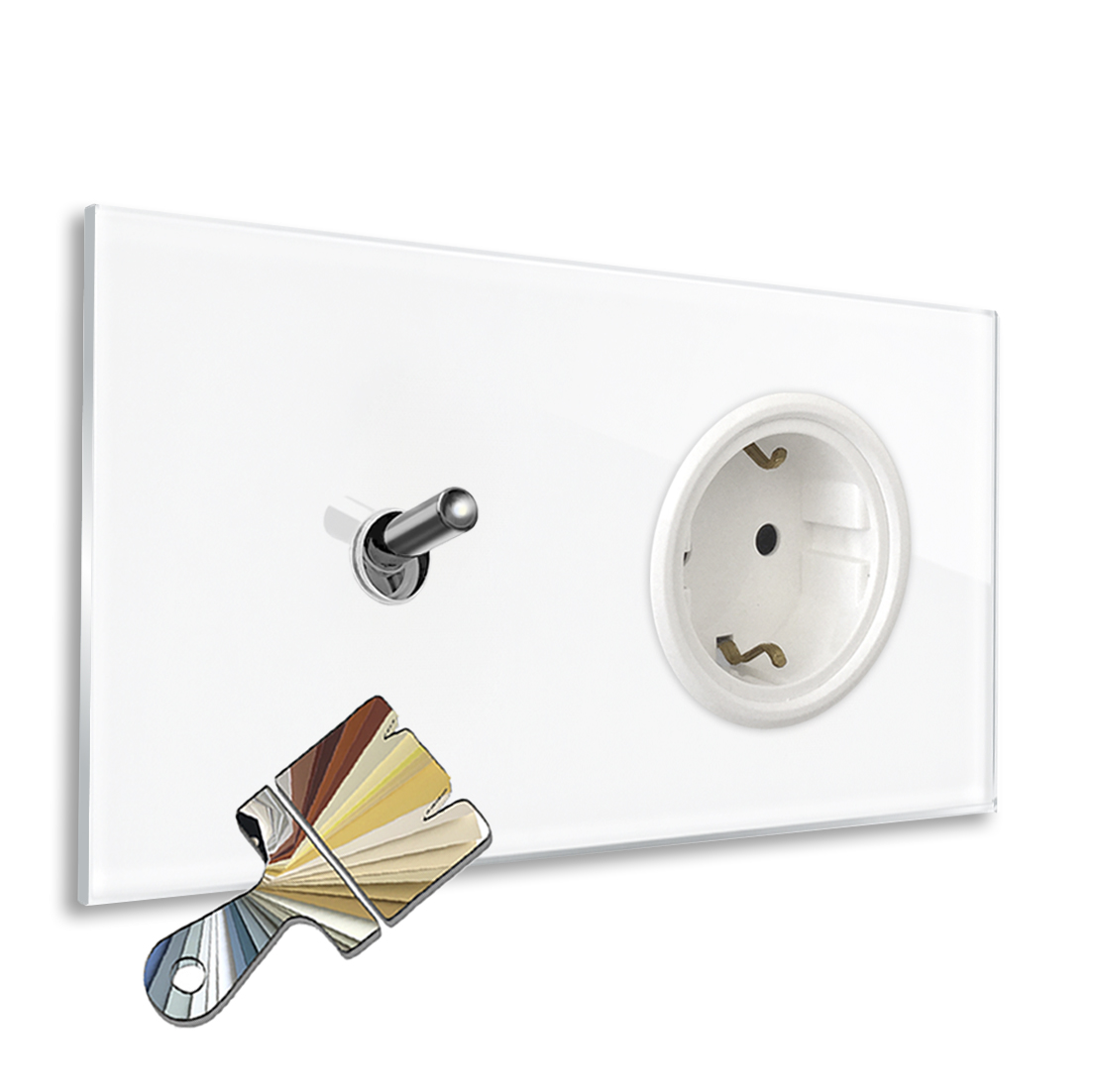 Modern illuminated horizontal switch-socket combo with 1 chrome toggle lever in Farrow & Ball colour glass optic. YORK