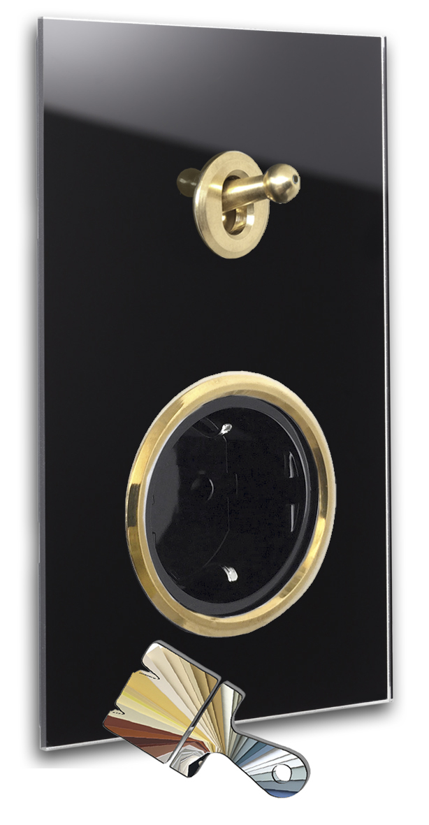 1 brass toggle switch, 1 black socket. Farrow Ball. Glass look 1 brass toggle switch, 1 black socket. Farrow Ball. Glass look