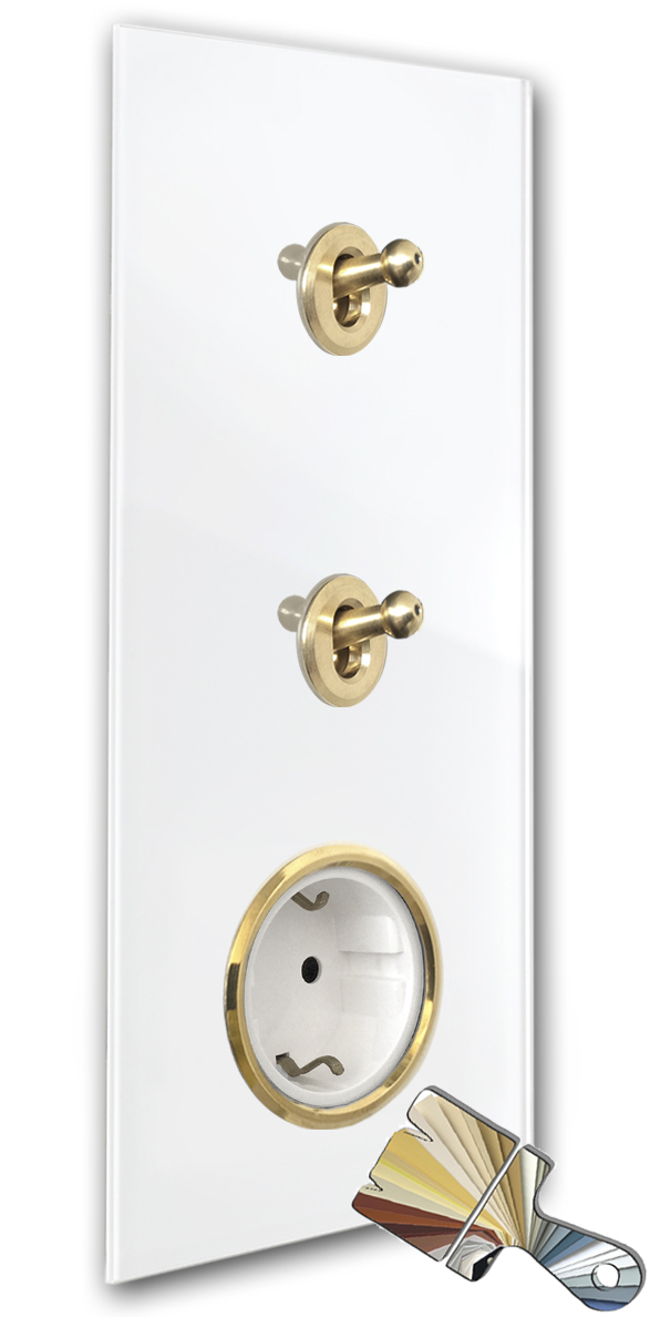 2 retro switches + 1 white socket. Farrow Ball. Gold. 2 retro switches + 1 white socket. Farrow Ball. Gold.