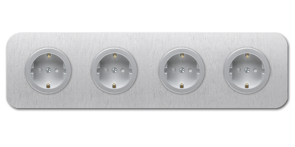 Rounded Socket in Silver Aluminium, 4-Gang. Cube Series