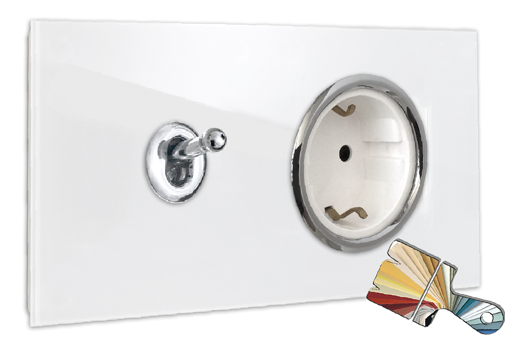 Chrome light switch and white socket, horizontal. Farrow Ball colour Chrome light switch and white socket, horizontal. Farrow Ball colour