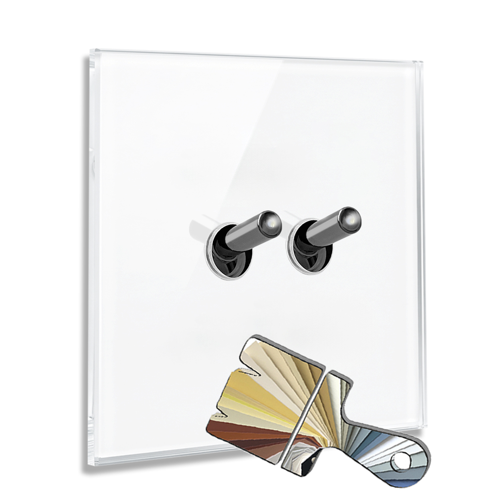 Modern illuminated design light switch in RAL colour glass optic with 2 chrome toggle levers. YORK