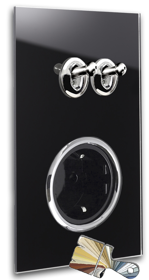 2 chrome toggle switches, 1 black socket outlet. Glass look with Farrow Ball colour 2 chrome toggle switches, 1 black socket outlet. Glass look with Farrow Ball colour