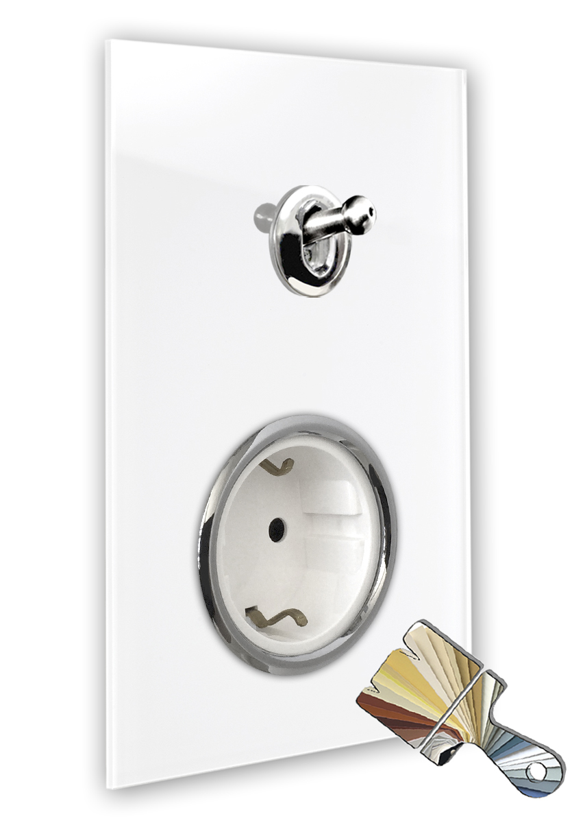Switch with socket outlet white. Farrow Ball glass look. Chrome. Switch with socket outlet white. Farrow Ball glass look. Chrome.