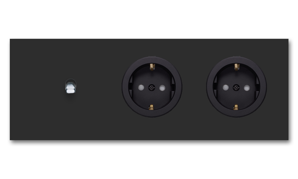 Toggle switch metal matte black chrome 1 gang + 2 socket horizontal 2 way. Square Series