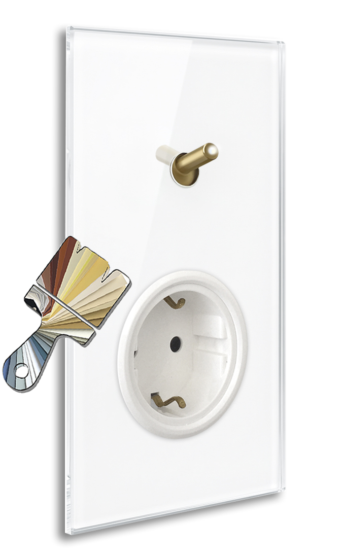 ROHDE+ROHDE YORK illuminated light switch, 2 brass toggles, glass-effect. 1 Schuko socket. vertical. Made with Farrow Ball colour.