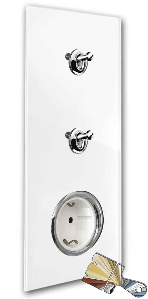 2 chrome toggle levers, white socket. Farrow Ball glass look 2 chrome toggle levers, white socket. Farrow Ball glass look